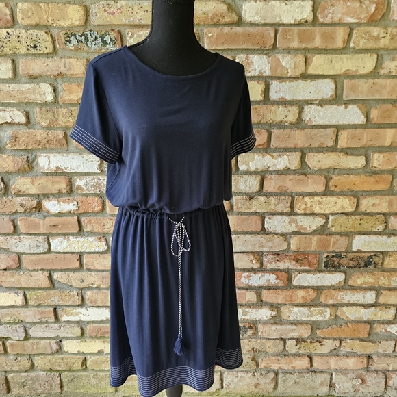 Navy Blue Short Sleeve T-shirt Dress with Drawstring Waist - Picture 9 of 11